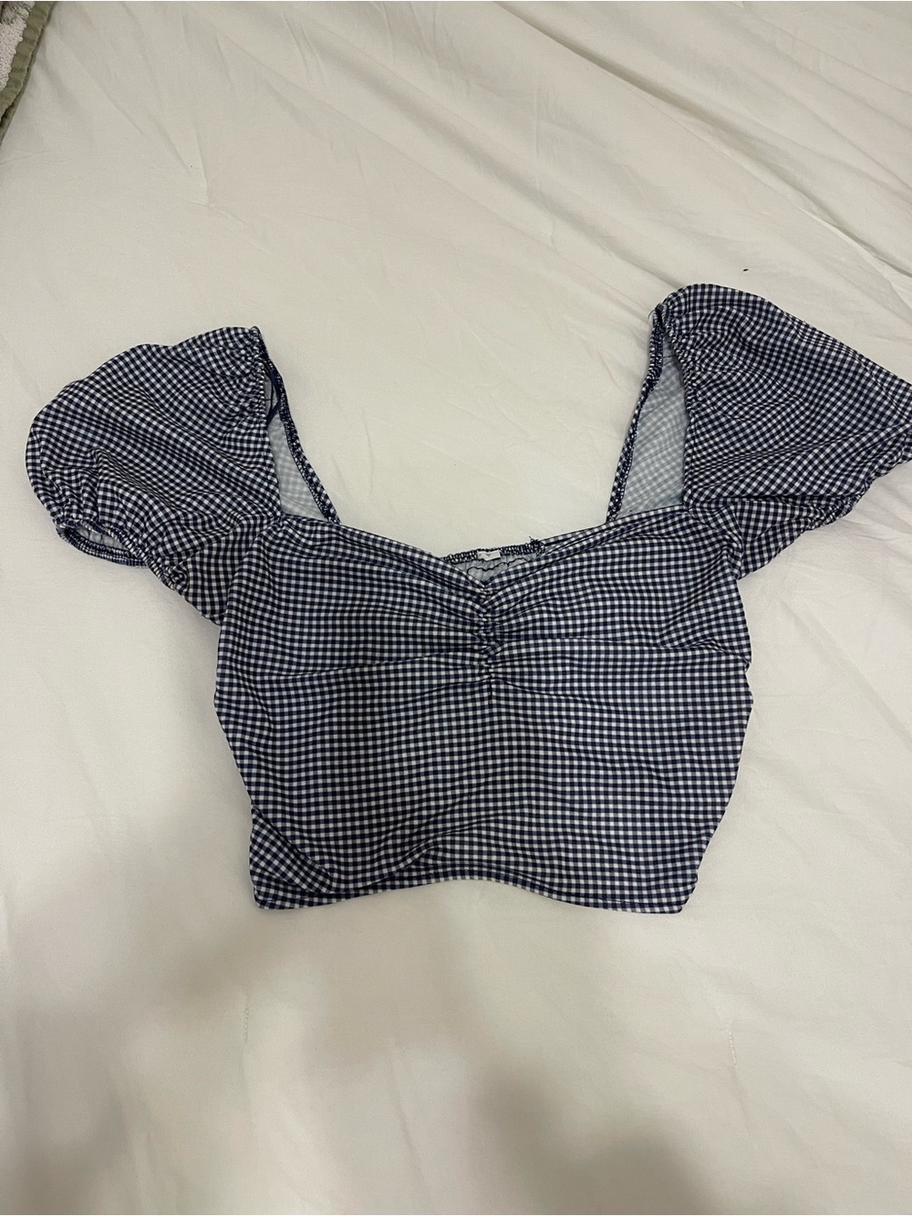 Gingham Puff Sleeve Crop Top - Navy/White
